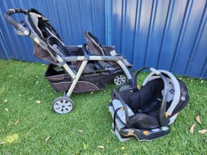Chicco double pram with compatible car baby capsule