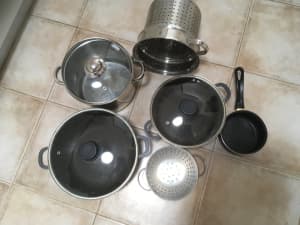 Selection saucepans, heavy duty , pasta cooker, small colander