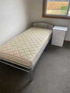 Single bed base/mattress and chest of drawers.