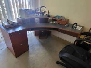 Corner office table, filing cabinet and bookshelf
