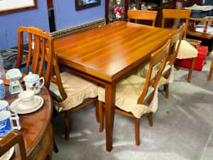 Classic 1970’s Dining Set of 2 Leaf Beechwood Table & 6 Chairs