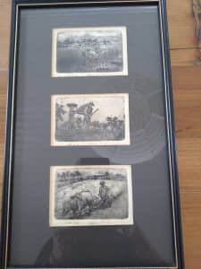 OLD ASIAN FARMING SIGNED PRINTS - FRAMED - ARTIST AHEE J.S. DATED 1977