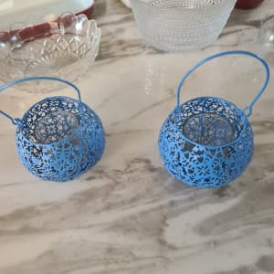 2 pretty blue button candle holders