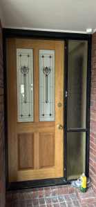 Wooden Entry Door with key, frame and side glass panel