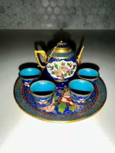 Vintage Cloisonn Miniature Chinese Teapot 6pc Set Brass Enamel Inlay