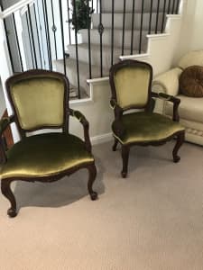 2 x Antique Pony Hair Green Armchairs