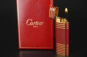 Cartier Rollagas Lighter Rare Gold Striped & Red Lacquer Working