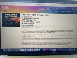 Tom Jones tickets x 2 - Centennial Vineyards Bowral Sat 23/3