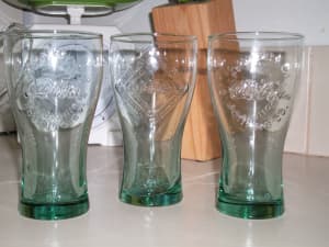 3 Coke Glasses Green Glass
