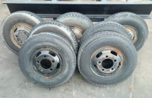 set of seven AS NEW 7.5R16 truck tyres on 5 stud wheels
