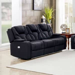 Recliner Stylish Rhino Fabric Black Couch 3 Seater Lounge with LED 