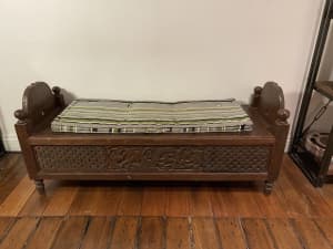 Antique timber bench, decorative woodwork