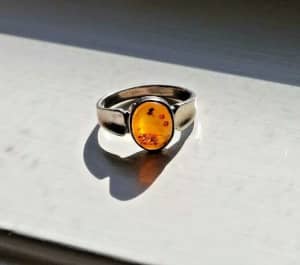 Sterling Silver Natural Amber Oval Ring - Size R