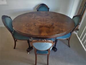 Victorian Marquetry Inlaid Burr Walnut Oval Tilt Top Table and Chairs