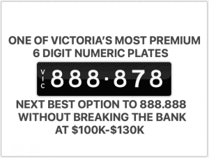 888878 Premium Numeric number plate. ABBBBB VIC