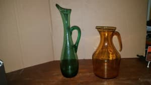 mid century jug coloured glass amber and green
