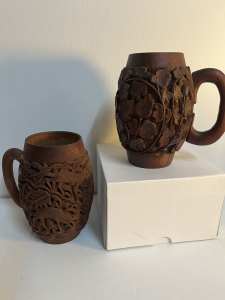 2 x wooden hand carved cups selling as pair