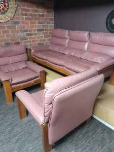 Leather and Blackwood Three Piece Five Seat Lounge Suite
