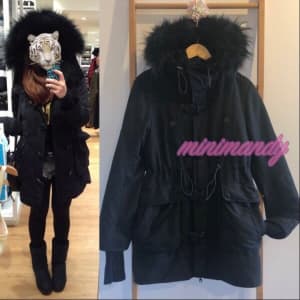 Japan brand SLY classic black parka fur hooded coat down jacket