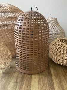Tall rattan pendant light shade and electrical fitting
