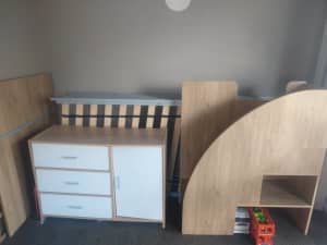 Loft bed with 1 cupboard,3 drawers, stairs and desk. 