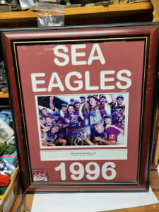 SEA EAGLES WIN 1996 PREMIERSHIP POSTER WITH FRAME 49CM WIDEX59.5CM H