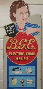 ORIGINAL Vintage BGE Electric Home Helps shop advertising sign 1950s