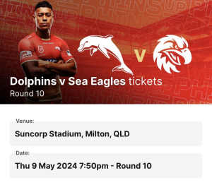 NRL Rd 10 - Dolphins vs Manly Sea Eagles (x6)