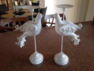 Christmas white dove candlestick holders wooden figurine set of 2