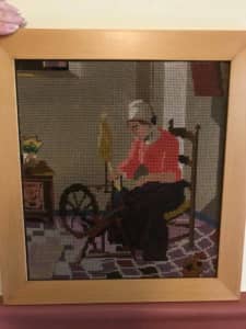Picture Embroidered Needle Point Lady with Spinning Wheel