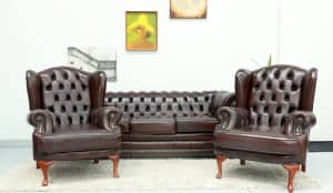 FREE DELIVERY- STUNNING CHESTERFIELD 3 SEATER SOFA & WING CHAIRS(3 PC)
