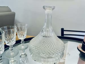 Beautiful Waterford crystal decanter and three glasses.