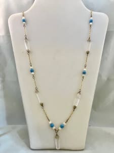 Long Quartz, Blue Turquoise and White Cats Eye Necklace NEW Healing