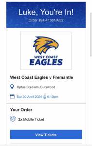 2x Eagles v Dockers Derby Tickets
