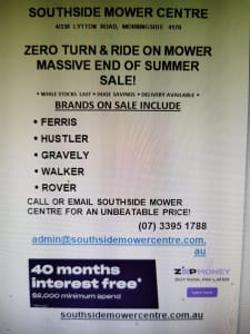 Huge Rideon Lawn Mower sale Zero Turns and more. See list in ad. 