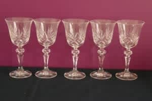 5 small hand cut crystal wine glasses. Probably Bohemia Crystal. 