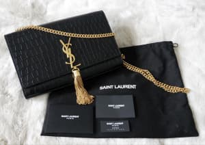 Saint Laurent YSL black Kate Medium Bag Gold Tassel Croc embossed