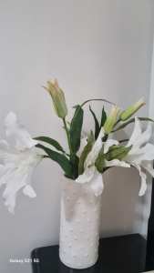 White dot spot vase and white lilly flowers etc..