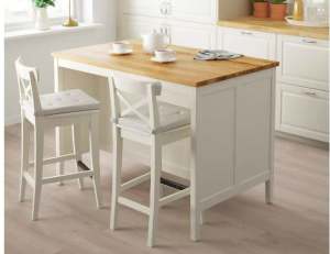 IKEA TORNVIKEN Kitchen island , off-white/oak and 2 INGOLF bar stools
