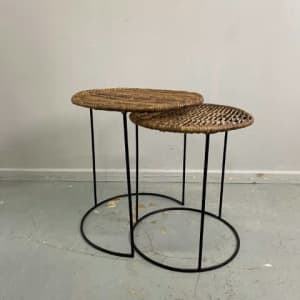 Set of 2 Faux Cane and Metal Nesting Side Tables