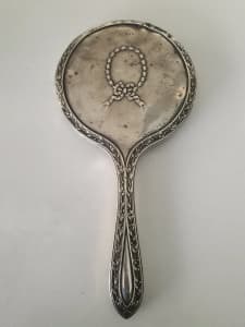 Antique sterling silver hand mirror wreath pattern 