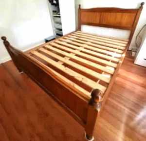 timber frame queen bed with mattress, $260
