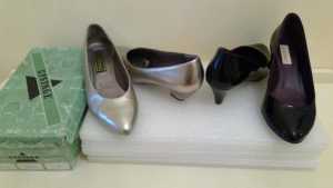2 pairs of shoes, 1 black patent leather and 1 pewter/silver, size 7.