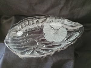 Vintage glass serving dish. $5. Leaf shape. Clear glass with etching