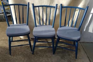 Wooden Dining Chairs (Three) Painted Blue with Blue Seat Cushions