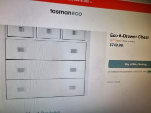 WHITE TASMAN ECO 6 DRAWER CHEST NEW $749 HAS MIRROR G.C.