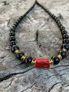 Black obsidian and red coral necklace