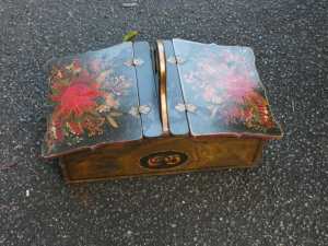 Large Folk art wooden sewing box hand painted