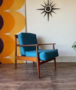 Newly Upholstered Solid Teak Mid Century Scandinavian Lounge Armchair