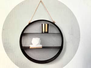 NEW HOME & CO ROUND CHARCOAL METAL & ROPE WALL SHELF IN BOX